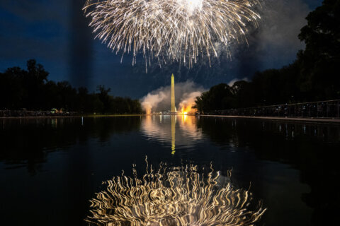 WASHINGTON, DC - JULY 4: Fireworks erupt over the Washington Monument during the Independence Day fireworks display along the National Mall on July 4, 2023 in Washington, DC. Crowds of people came together to partake in the annual event commemorating the Fourth of July celebration. (Photo by Nathan Howard/Getty Images)