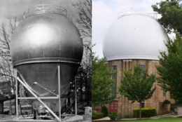 Atomic Physics Observatory from the southeast, 1937 and the same "atom smasher" today (Courtesy of the Carnegie Institute of Science)