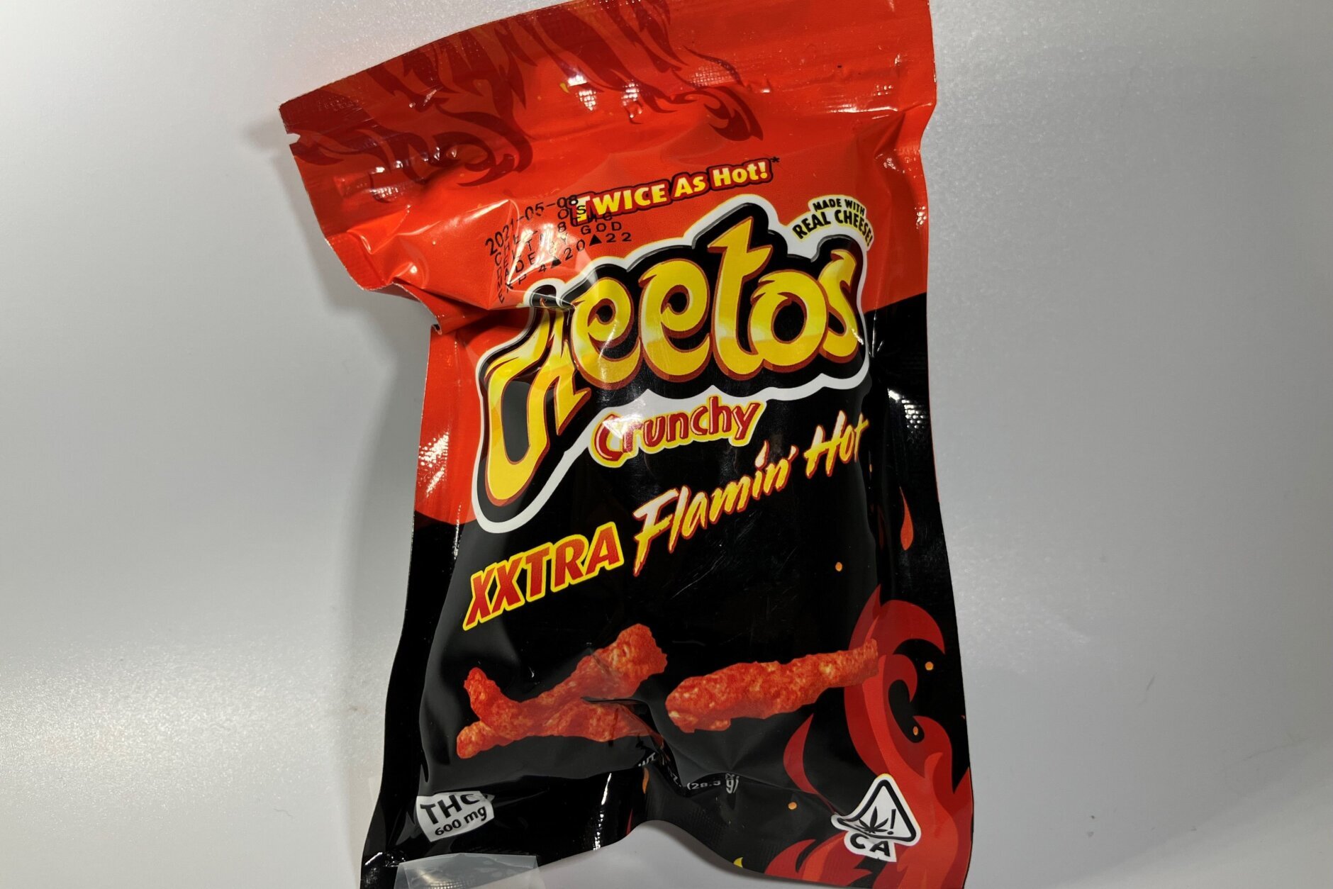 A package of snack food containing THC that resembles a bag of "Cheetos."