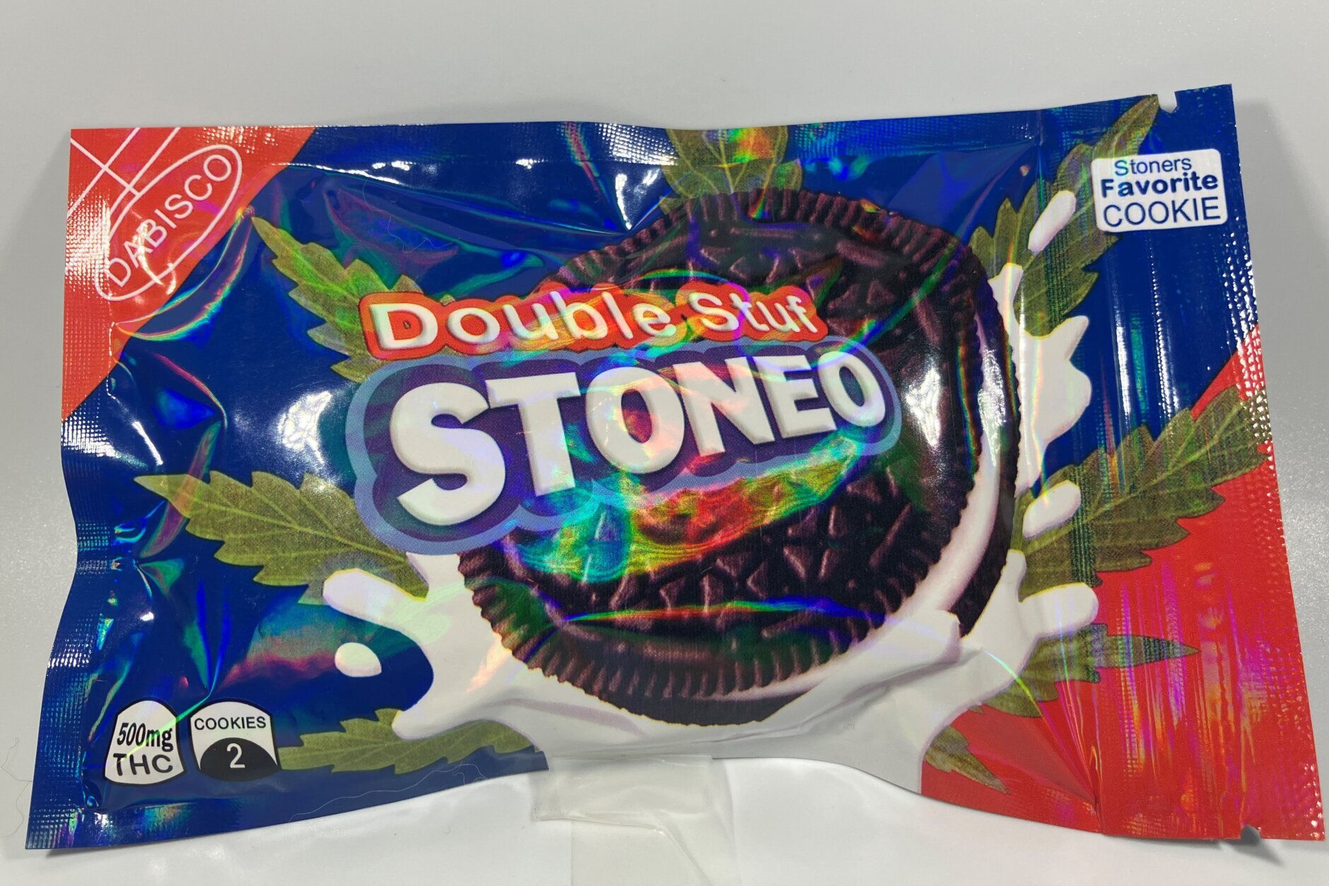 Package of THC-infused cookies that closely resemble Oreo cookies.