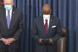 In this image from video, Senate chaplain Barry Black offer an opening prayer during the second impeachment trial of former President Donald Trump in the Senate at the U.S. Capitol in Washington, Friday, Feb. 12, 2021. (Senate Television via AP)