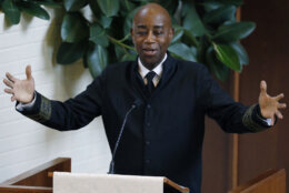 FILE - In this Tuesday, June 4, 2019, file photo, Barry Black, a retired rear admiral and chaplain of the U.S. Senate, delivers the homily during the funeral services of the late Republican Sen. Thad Cochran, at Northminster Baptist Church in Jackson, Miss. Black regularly opens the chamber’s proceedings with prayer and has done the same during President Donald Trump's impeachment trial. (AP Photo/Rogelio V. Solis, File)