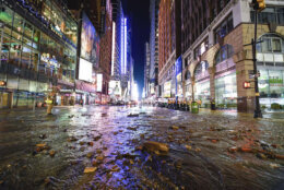 This photo, provided by MTA New York City Transit, shows water from a water main break in New York's Times Square, Tuesday, Aug. 29, 2023. A 127-year-old, 20-inch water main under New York's Times Square gave way early Tuesday, flooding midtown streets and the city's busiest subway station. (Marc A. Hermann/MTA, via AP)