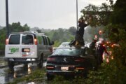 A tree down on Canal Road NW near Georgetown University on Aug. 7, 2023 (WTOP/Dave Dildine)