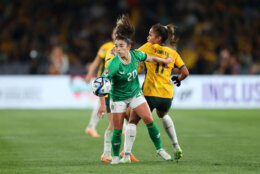 SYDNEY, AUSTRALIA - JULY 20: Marissa Sheva of Republic of Ireland controls the ball against Mary Fowler of Australia during the FIFA Women's World Cup Australia &amp; New Zealand 2023 Group B match between Australia and Ireland at Stadium Australia on July 20, 2023 in Sydney, Australia. (Photo by Brendon Thorne/Getty Images)