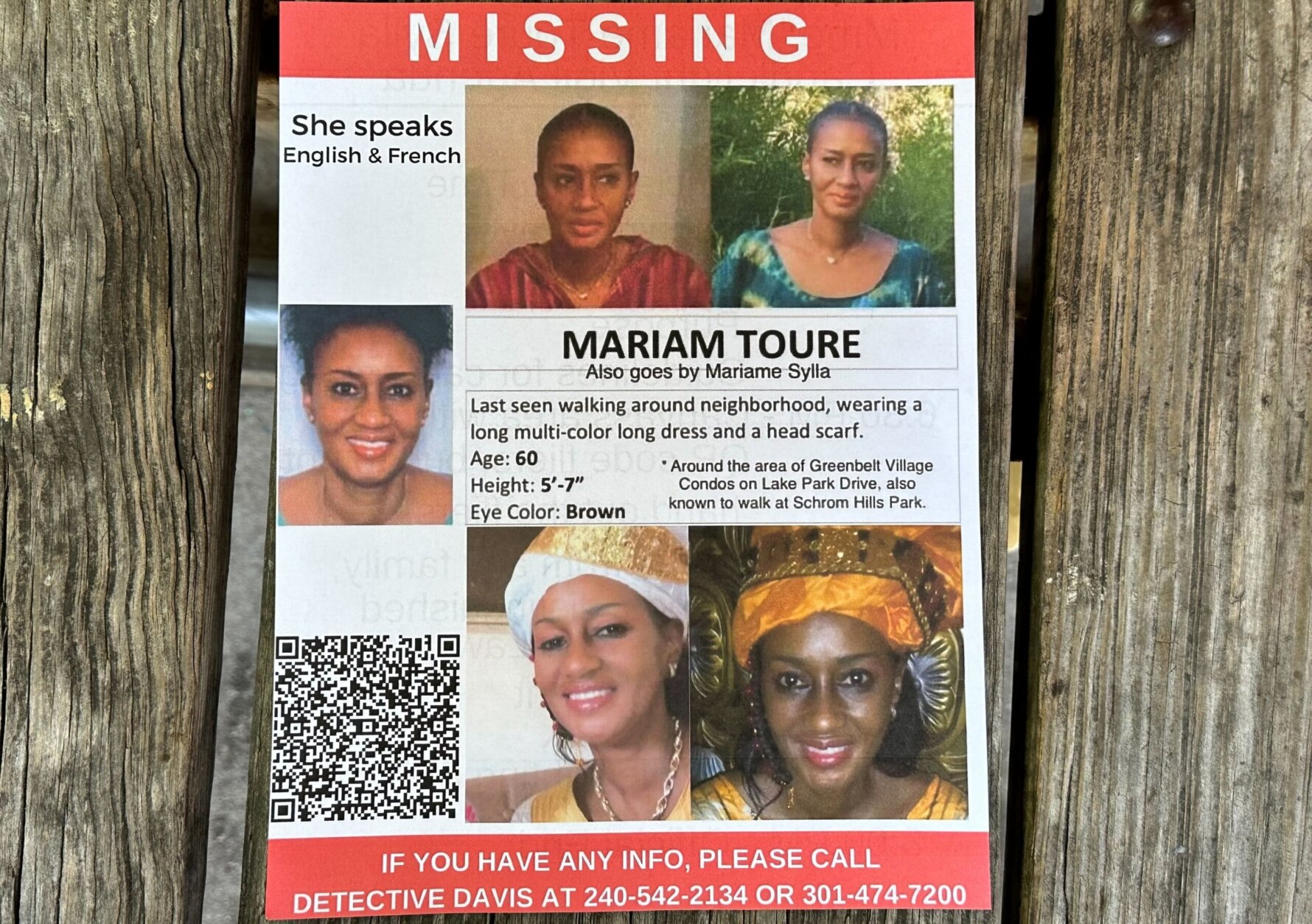 <p>A missing person flier at a rally in honor of 60-year-old French teacher Mariam Toure Sylla. (WTOP/Matt Kaufax)</p>
