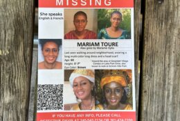 <p>A missing person flier at a rally in honor of 60-year-old French teacher Mariam Toure Sylla. (WTOP/Matt Kaufax)</p>
