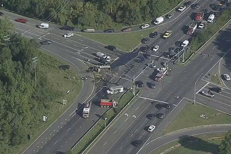 A crash involving two dump trucks and several other vehicles snarled traffic in Prince George's County, Maryland, on Thursday, Sept. 14, 2023. (Courtesy 7News)