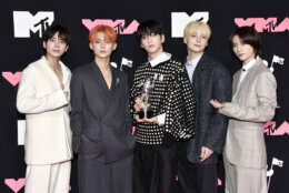 Tomorrow X Together, winners of the award for push performance of the year for "Sugar Rush Ride," arrive at the MTV Video Music Awards on Tuesday, Sept. 12, 2023, at the Prudential Center in Newark, N.J. (Photo by Evan Agostini/Invision/AP)