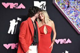 Chase Stokes, left, and Kelsea Ballerini arrive at the MTV Video Music Awards on Tuesday, Sept. 12, 2023, at the Prudential Center in Newark, N.J. (Photo by Evan Agostini/Invision/AP)