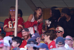 Taylor Swift watches from a suite alongside Travis Kelce's mother, Donna Kelce, left, inside Arrowhead Stadium during the first half of an NFL football game between the Chicago Bears and Kansas City Chiefs Sunday, Sept. 24, 2023, in Kansas City, Mo.