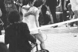 Mrs. Billie Jean King consoles Bobby Riggs after she defeated him in straight sets at the Houston Astrodome in The Battle of the Sexes tennis match on Sept. 20, 1973. (AP Photo)