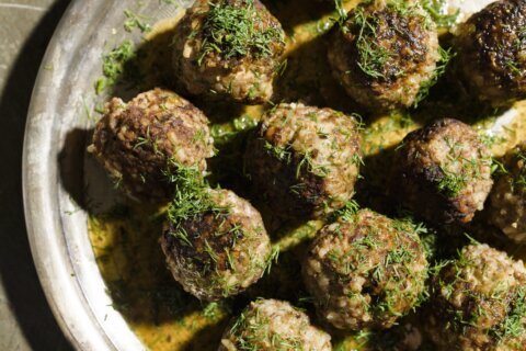 Lemony olive oil sauce enriches Greek beef and rice meatballs