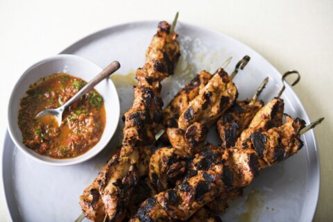 For juicier Turkish grilled chicken skewers, think strips not chunks