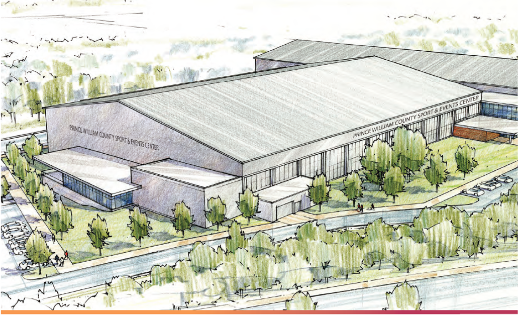A concept drawing of a possible new indoor athletics facility and event space in Prince William County
