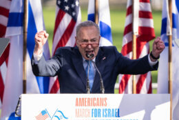 Senate Majority Leader Chuck Schumer raises fists in the air while on stage