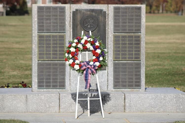 A wreath presented in front of the Cold War Memorial at Fort Belvoir