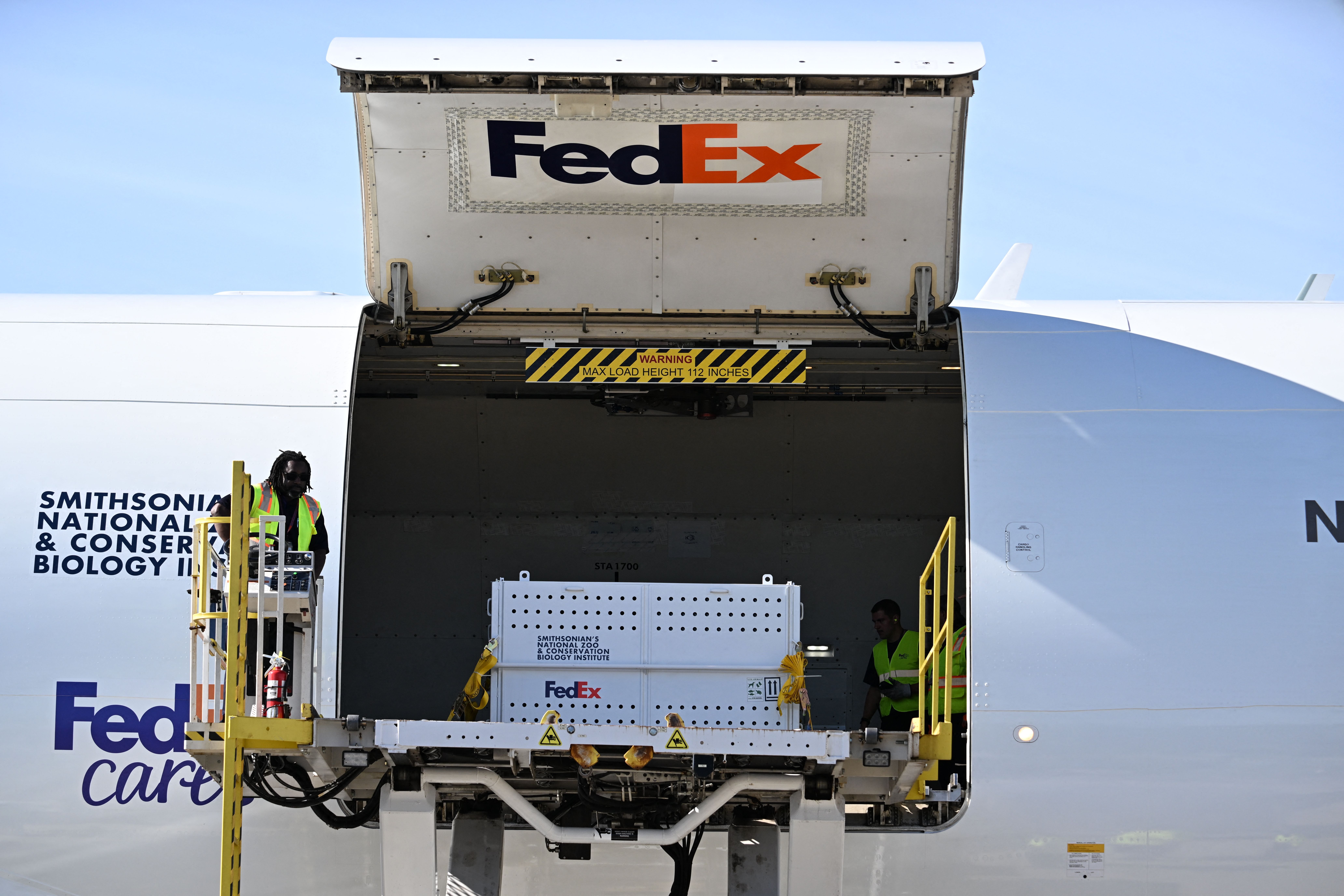 Workers load crates containing Giant Pandas from the Smithsonian's National Zoo onto the Panda Express, at Dulles International Airport in Dulles, Virginia, on November 8, 2023. All three of the zoo's pandas are leaving for China, bringing at least a temporary end to a decades-old connection between the cuddly animal and the US capital. And while the pandas' departure had been expected due to contractual obligations, many can't help but see the shift as reflective of the growing strains between Beijing and Washington. (Photo by Jim WATSON / AFP) (Photo by JIM WATSON/AFP via Getty Images)