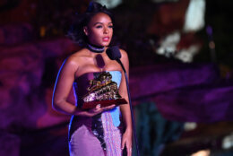 BEVERLY HILLS, CALIFORNIA - NOVEMBER 19: In this image released on November 26, Janelle Monáe accepts the Spirit of Soul Award presented by L'Oréal onstage at Soul Train Awards 2023 on November 19, 2023 in Beverly Hills, California. (Photo by Paras Griffin/Getty Images for BET)
