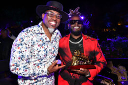 BEVERLY HILLS, CALIFORNIA - NOVEMBER 19: In this image released on November 26, (L-R) David Banner and T-Pain, winner of the Legend Award, attend Soul Train Awards 2023 on November 19, 2023 in Beverly Hills, California. (Photo by Paras Griffin/Getty Images for BET)