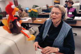 382202 07: Phyllis Larson, an 11-year veteran of the talk-line, answers questions on the Butterball Turkey Talk-Line November 20, 2000 in Downers Grove, IL. 48 professionally trained home economists and nutritionists give out turkey preparation tips, carving instructions, and thawing directions to nearly 170,000 callers each Thanksgiving season. (Photo by Tim Boyle/Newsmakers)