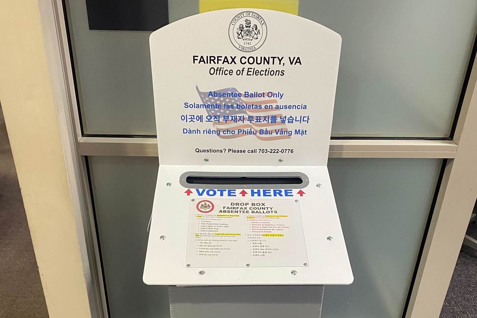 A ballot drop box inside the Fairfax County Government Center in Fairfax, Virginia