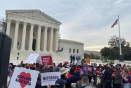 Rally attendees hold signs that say things like 'gun laws save lives' outside the Supreme Court.