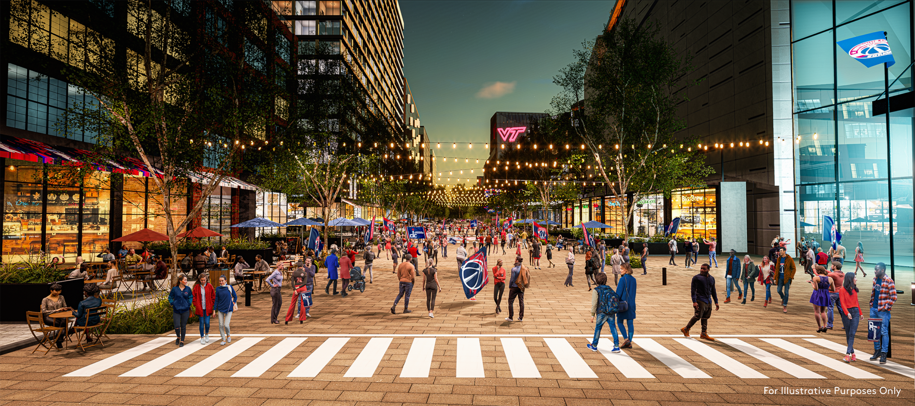 A rendering of the Entertainment District at Potomac Yard features a new Capitals and Wizards arena and Monumental Sports’ new global business headquarters.