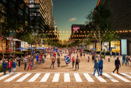A rendering of the Entertainment District at Potomac Yard features a new Capitals and Wizards arena and Monumental Sports’ new global business headquarters.