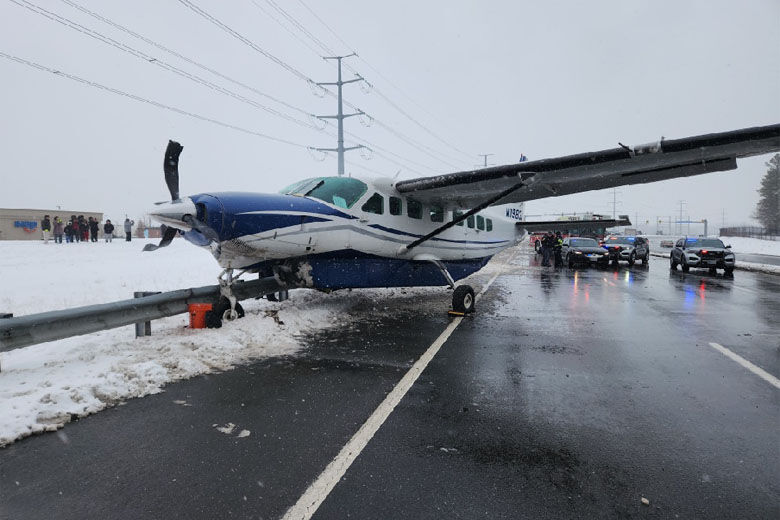 A small commuter airplane that had just taken off from Dulles International Airport made an emergency landing on the Loudoun County Parkway near the airport on Jan. 19, 2024. (Courtesy Virginia State Police)
