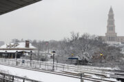 Snow seen from the King Street-Old Town Metro station in Alexandria, Virginia, on Jan. 19, 2024. (WTOP/Abigail Constantino)