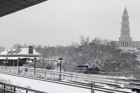 Snow seen from the King Street-Old Town Metro station in Alexandria, Virginia, on Jan. 19, 2024. (WTOP/Abigail Constantino)