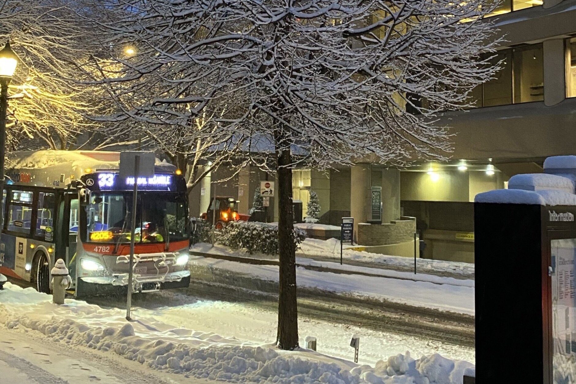 Metrobuses running on snowy roads