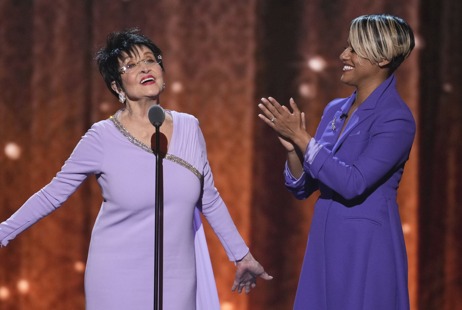 Chita Rivera, left, and Ariana DeBose present the award for best new musical at the 75th annual Tony Awards on Sunday, June 12, 2022, at Radio City Music Hall in New York. (Photo by Charles Sykes/Invision/AP)