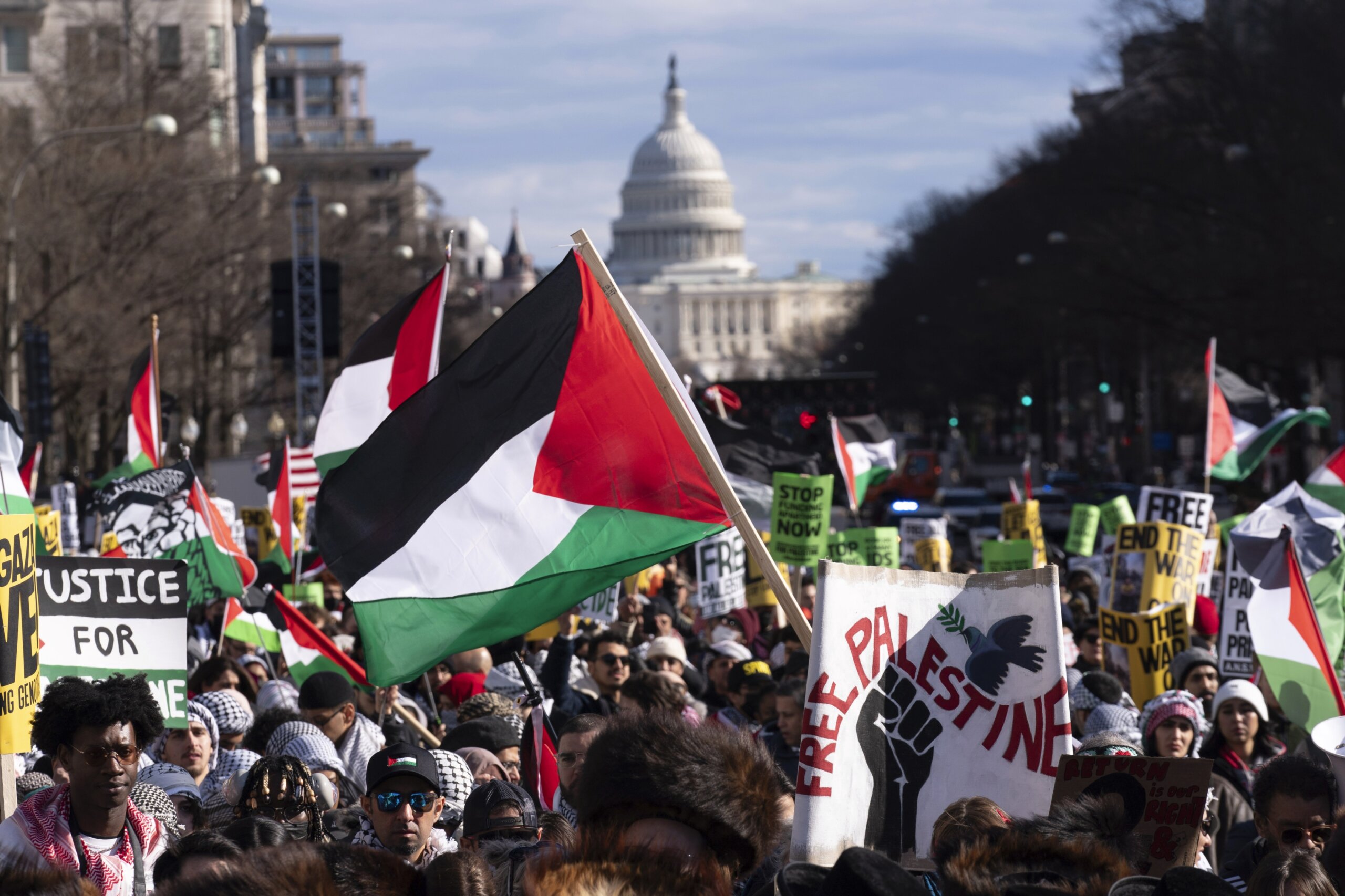全球抗议日吸引了数千人在华盛顿和其他城市举行支持巴勒斯坦的游行