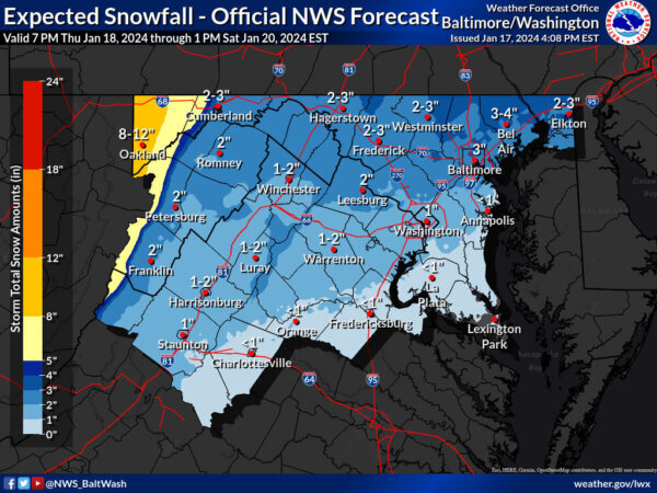 Map of expected snowfall in the metropolitan area on Friday