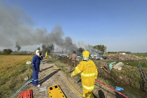 An explosion at a fireworks factory in rural Thailand kills about 20 people