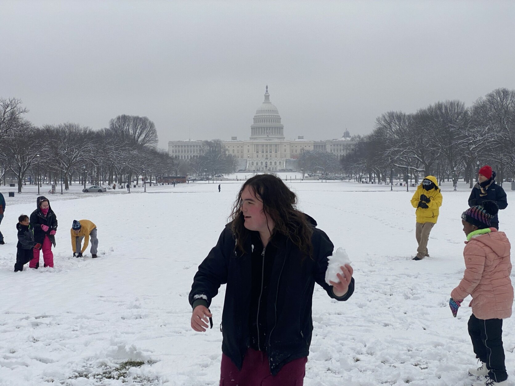 a group throws snowballs at each other on the National Mall