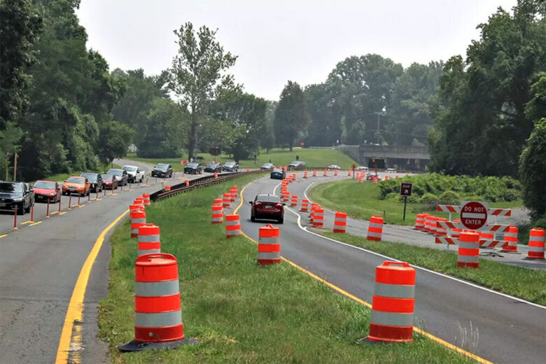 A portion of the rehabilitated George Washington Memorial Parkway during construction in 2024.