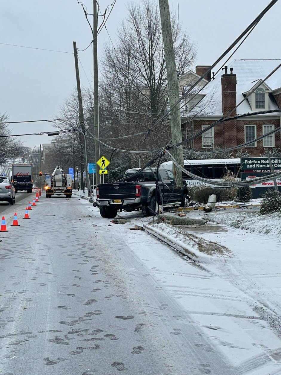 A vehicle crash on Main Street led to downed wires in Fairfax, Virginia, city police say.