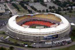 FILE - This Sept. 19, 2017, file photo, shows an aerial view of RFK Stadium in Washington. D.C. United will play their final MLS soccer game at RFK Stadium on Sunday. The United have already been eliminated from the playoffs, but they hope to say goodbye to the historic venue with a victory over the Red Bulls. (AP Photo/Charles Dharapak, File)