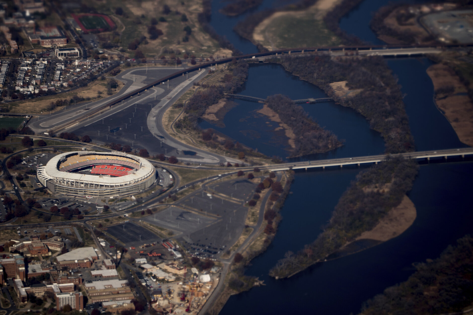 FILE - RFK Stadium is visible from Air Force One as it takes off from Andrews Air Force Base, Md., Wednesday, Nov. 29, 2017, as President Donald Trump flies to St. Louis to speak at a tax reform rally. The Washington Commanders say they are supporting efforts by the District of Columbia to get control of RFK Stadium site that used to be the home of the NFL team.
A team spokesperson said Thursday, May 4, 2023, officials are communicating with stakeholders at the federal and local levels about the RFK site. (AP Photo/Andrew Harnik, File)