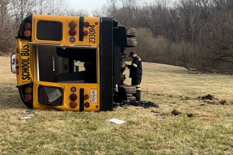 Several middle school students were hurt after a school bus overturned in Howard County, Maryland, Thursday afternoon. (WTOP/Nick Iannelli)