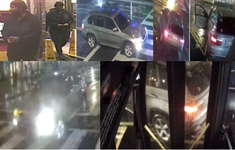 A composite of surveillance camera images showing the suspect and the vehicle police said was carjacked.