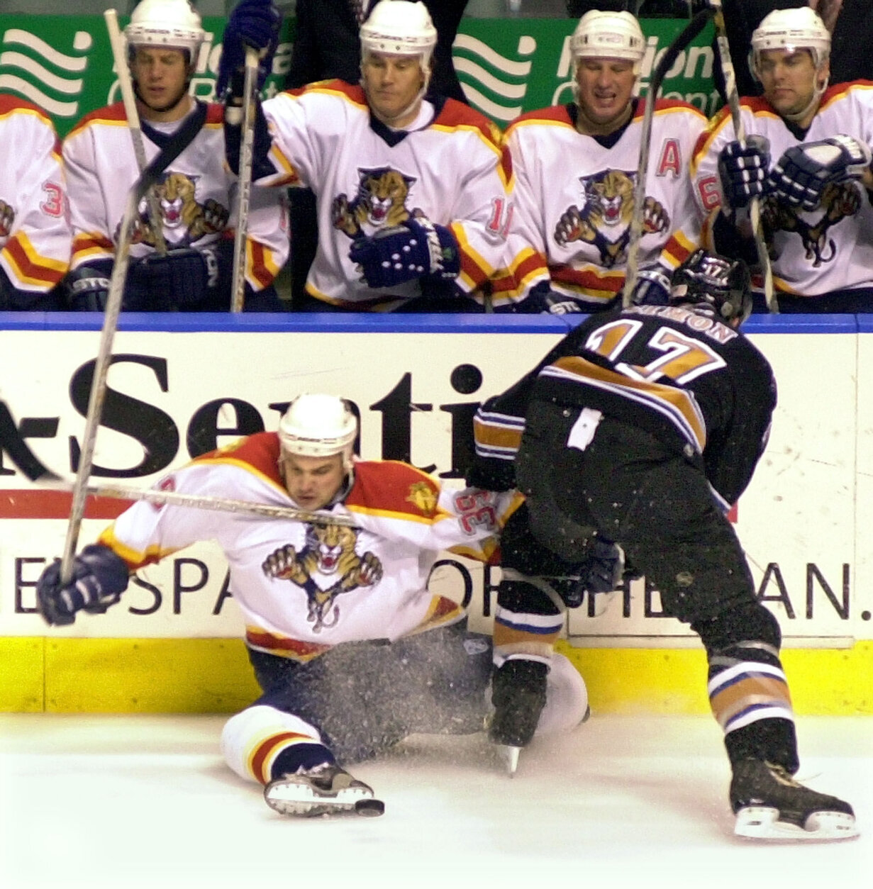 Florida Panthers' Ivan Novoseltsev, left, of Russia, is checked to the ice by Washington Capitals' Chris Simon (17) during the first period Wednesday, Dec. 19, 2001, in Sunrise, Fla. (AP Photo/Tony Gutierrez)