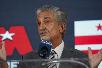 Ted Leonsis, owner of the Washington Wizards NBA basketball team and Washington Capitals NHL hockey team, speaks during a news conference at Capitol One Arena in Washington, Wednesday, March 27, 2024. (AP Photo/Stephanie Scarbrough)