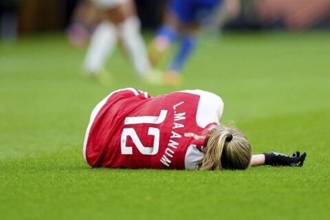 Arsenal Women’s Frida Maanum collapses on the field during League Cup final against Chelsea