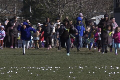Children race to collect marshmallows dropped from a helicopter at a Detroit-area park