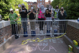 George Washington University students demonstrate on campus after police closed the students encampment during a pro-Palestinian protest over the Israel-Hamas war on Friday, April 26, 2024, in Washington. (AP Photo/Jose Luis Magana)