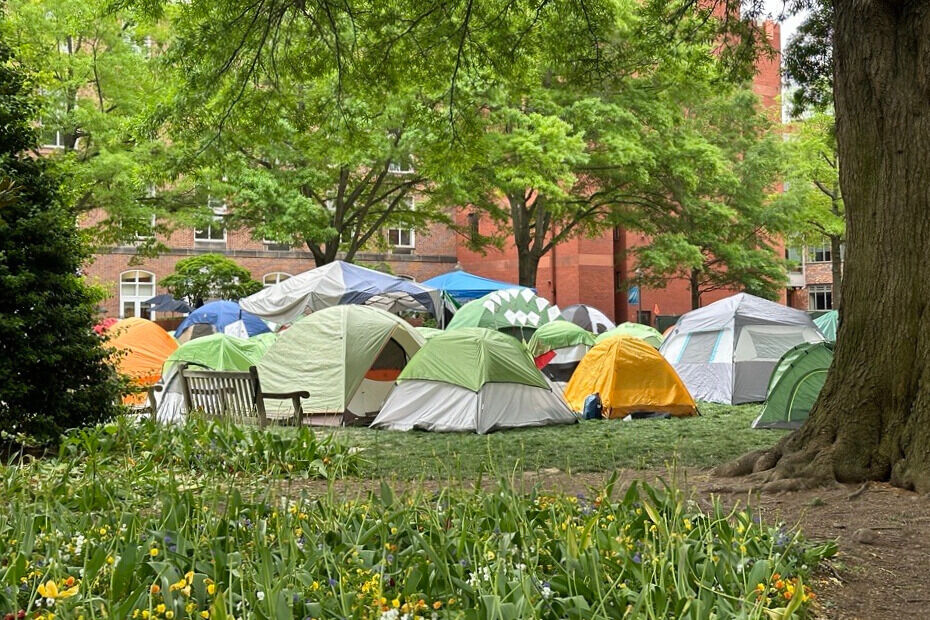 Tents pitched on George Washington University's campus as students demonstrate during a pro-Palestinian protest
